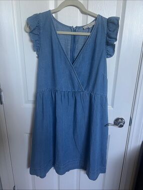 LOFT Blue Chambray Wrap-Style Dress with Ruffle Sleeves